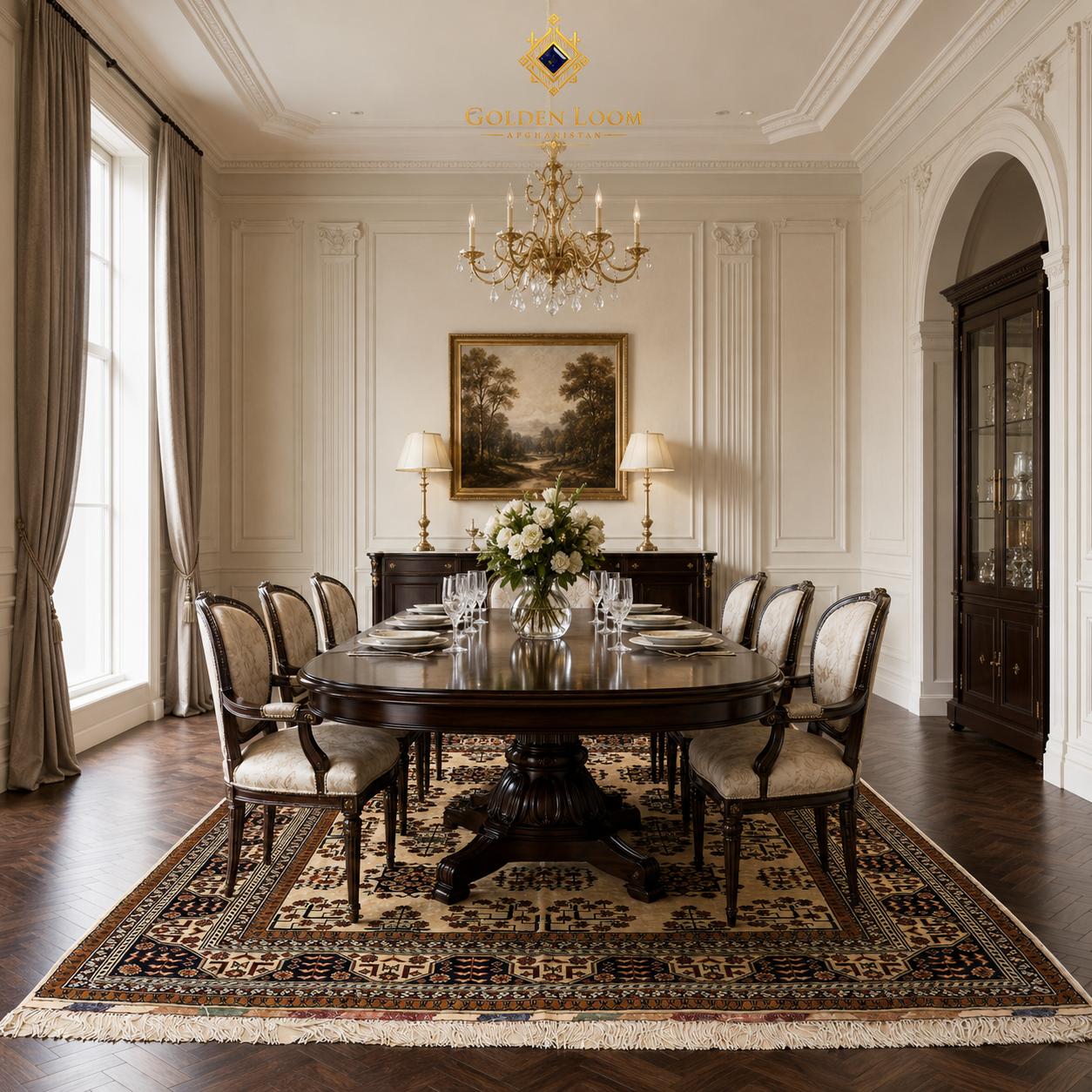 Belzhiki Bokhara handwoven Afghan carpet in a grand formal dining room with dark wood oval table and gold chandelier — Golden Loom Afghanistan