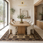 Belzhiki Bokhara Afghan carpet styled in a modern minimalist dining room with oak table and white chairs — Golden Loom Afghanistan