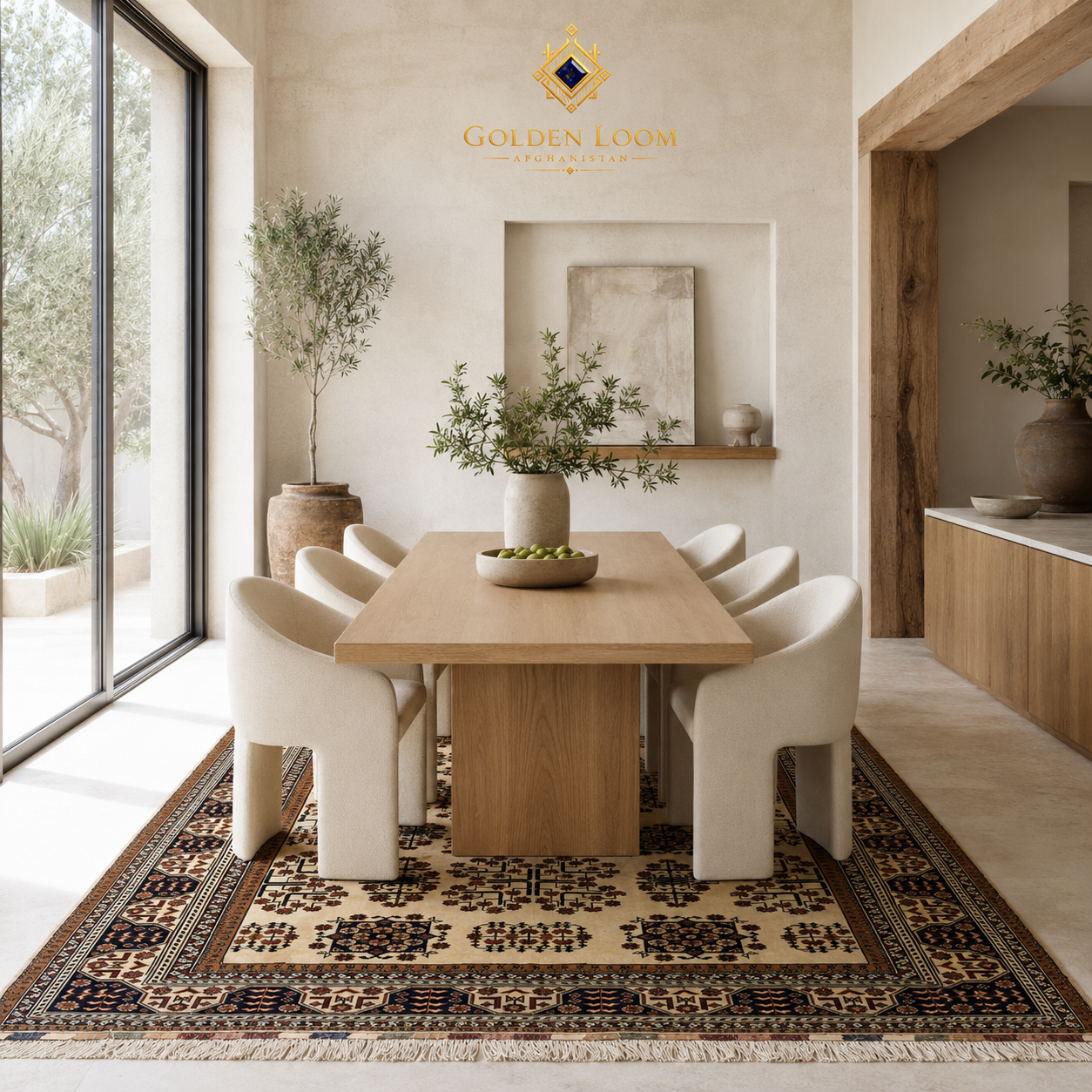 Belzhiki Bokhara Afghan carpet styled in a modern minimalist dining room with oak table and white chairs — Golden Loom Afghanistan