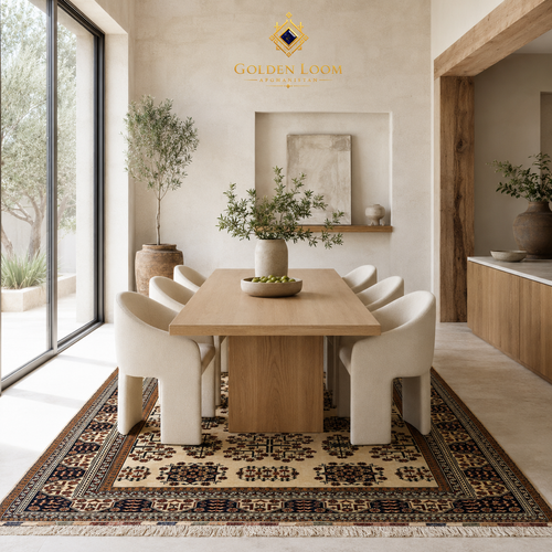 Belzhiki Bokhara Afghan carpet styled in a modern minimalist dining room with oak table and white chairs — Golden Loom Afghanistan