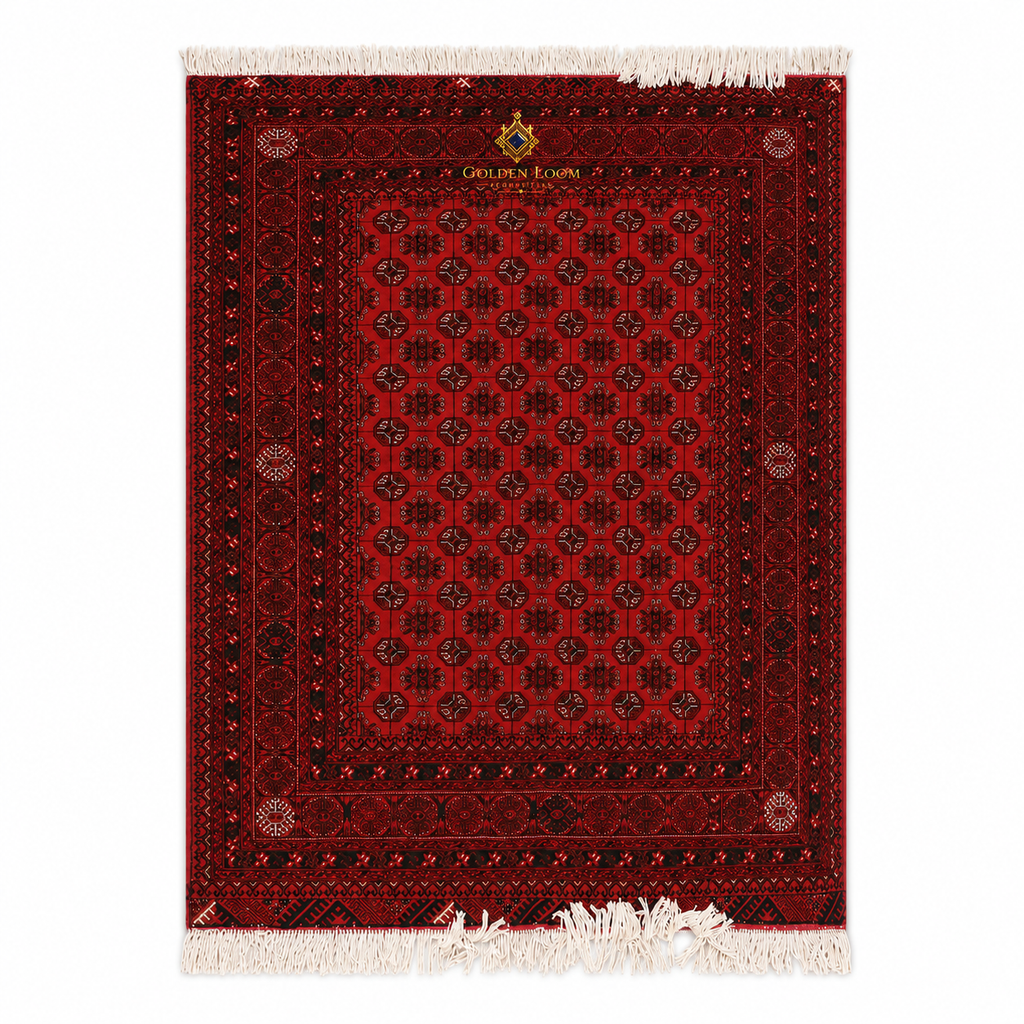 Handmade Afghan Khal Mohammadi rug in deep red with traditional geometric Bokhara pattern and ivory fringe, Golden Loom Afghanistan
