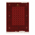 Handmade Afghan Khal Mohammadi rug in deep red with traditional geometric Bokhara pattern and ivory fringe, Golden Loom Afghanistan