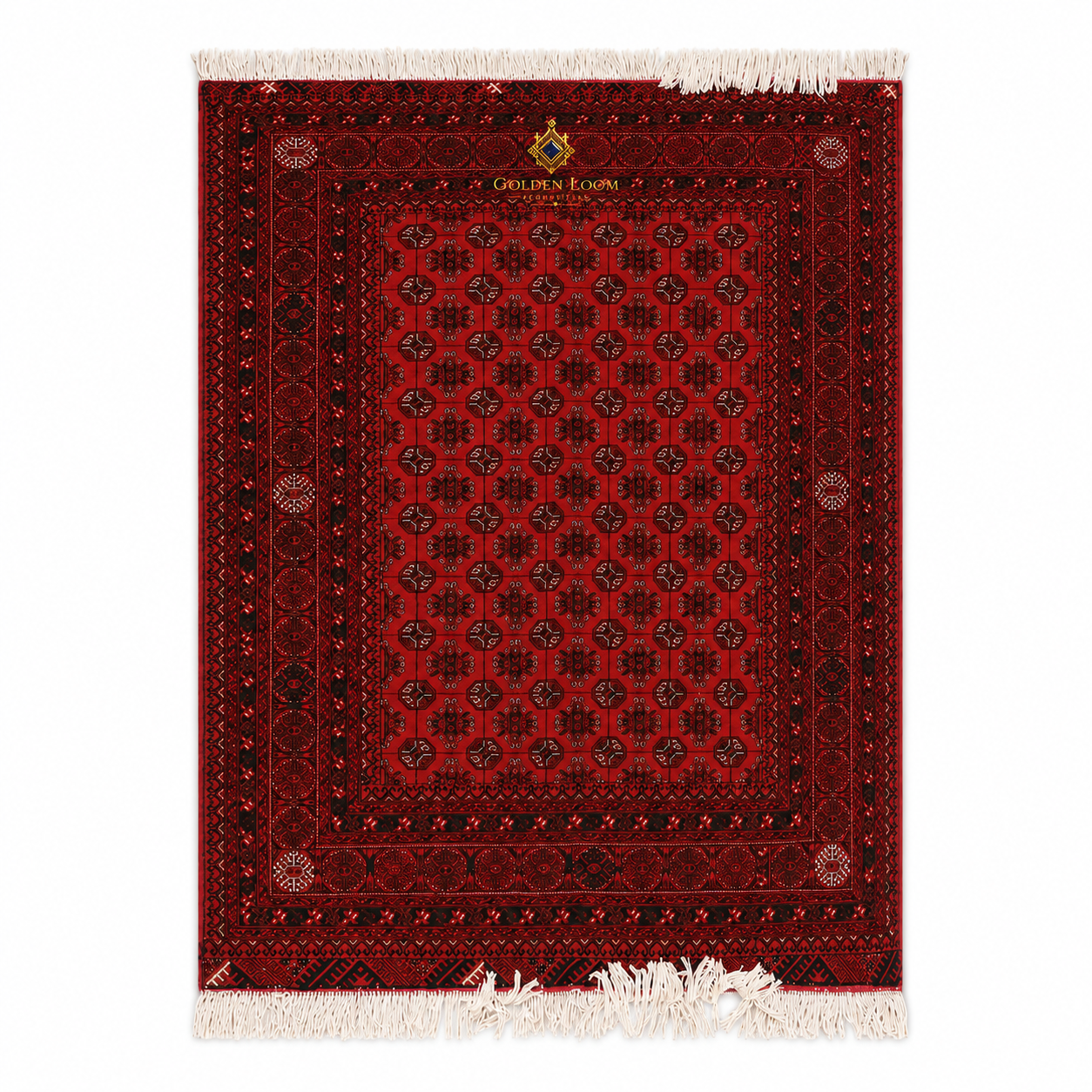 Handmade Afghan Khal Mohammadi rug in deep red with traditional geometric Bokhara pattern and ivory fringe, Golden Loom Afghanistan
