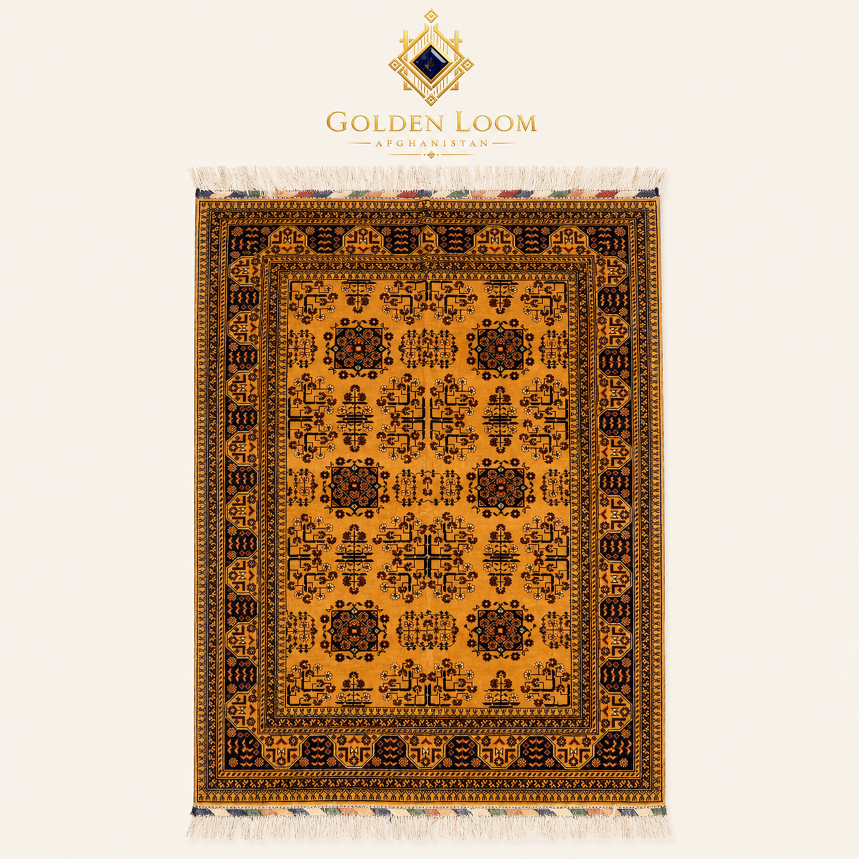 Handwoven Afghan Bokhara carpet with traditional geometric medallion pattern in amber gold and black, white background product shot — Golden Loom Afghanistan