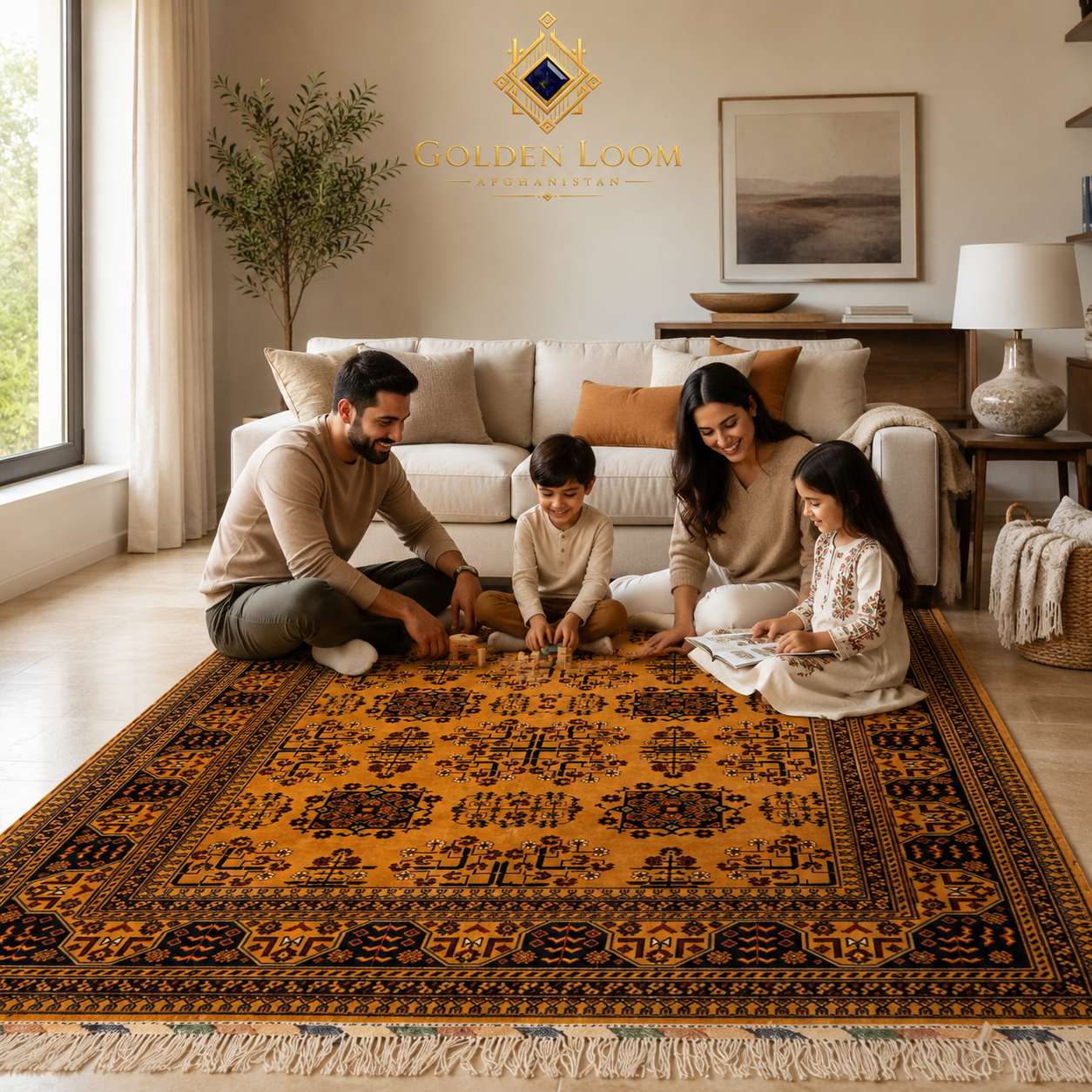 Young family playing on an authentic Afghan Bokhara carpet in amber and black geometric pattern, bright modern living room setting