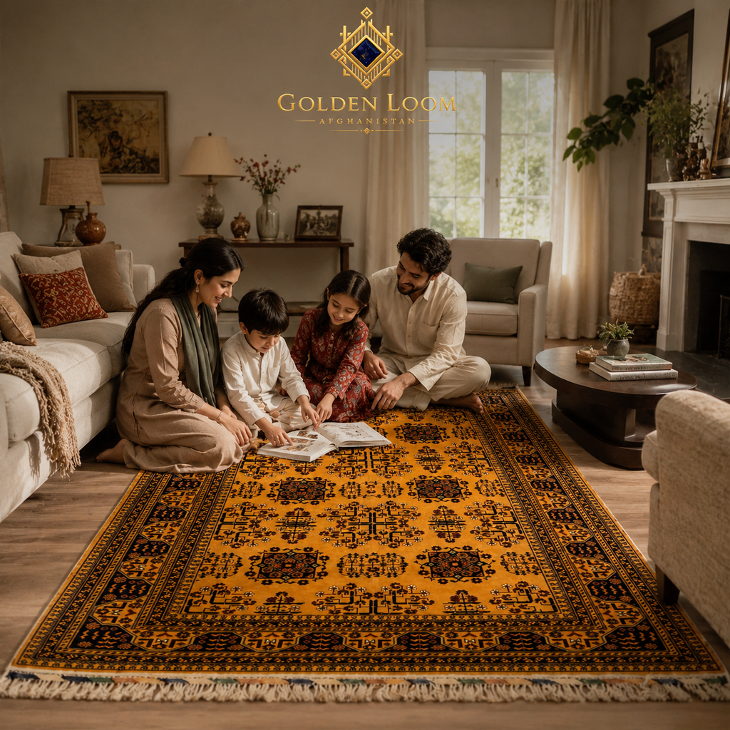 Afghan family sitting on a handmade Bokhara rug in gold and black, reading together in a warm traditional living room — Golden Loom Afghanistan
