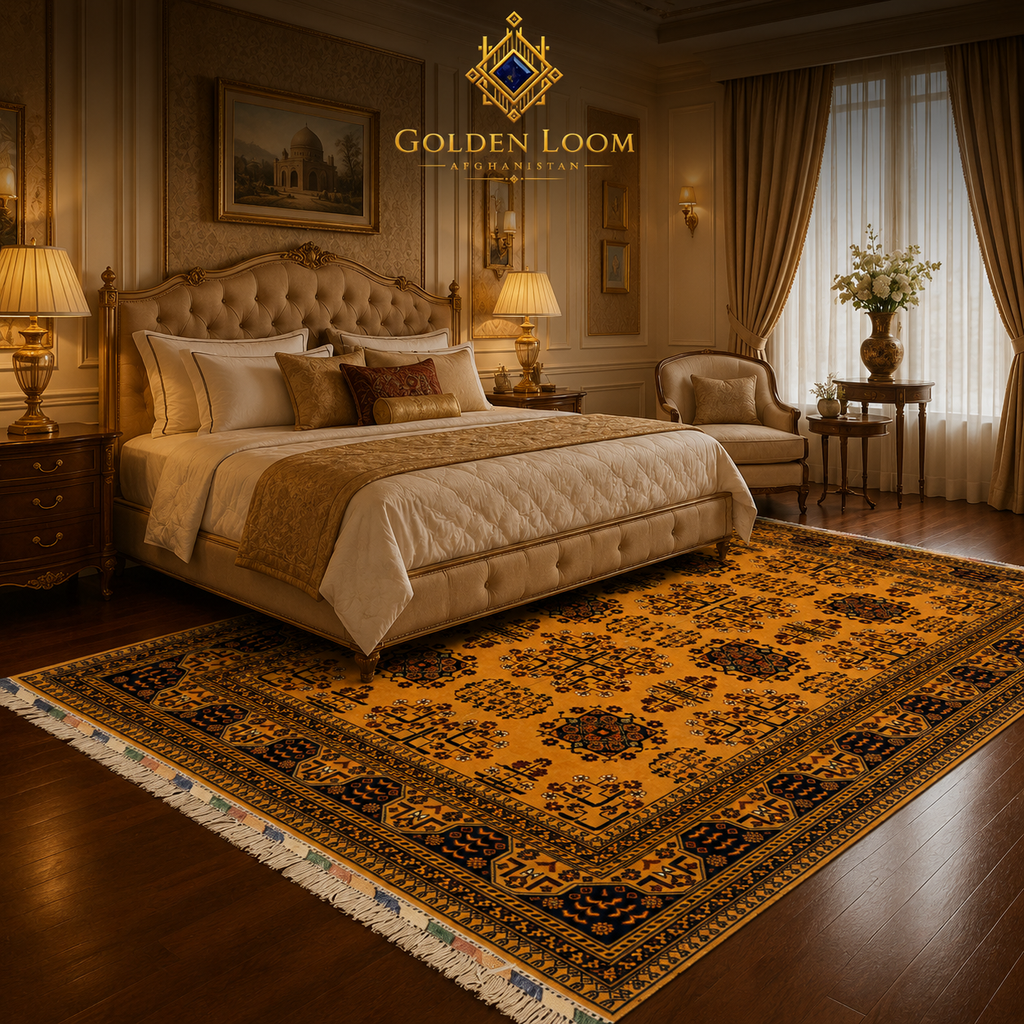 Handmade Afghan Bokhara rug in gold and black placed beside a tufted luxury bed in a classic opulent bedroom — Golden Loom Afghanistan