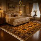 Handmade Afghan Bokhara rug in gold and black placed beside a tufted luxury bed in a classic opulent bedroom — Golden Loom Afghanistan