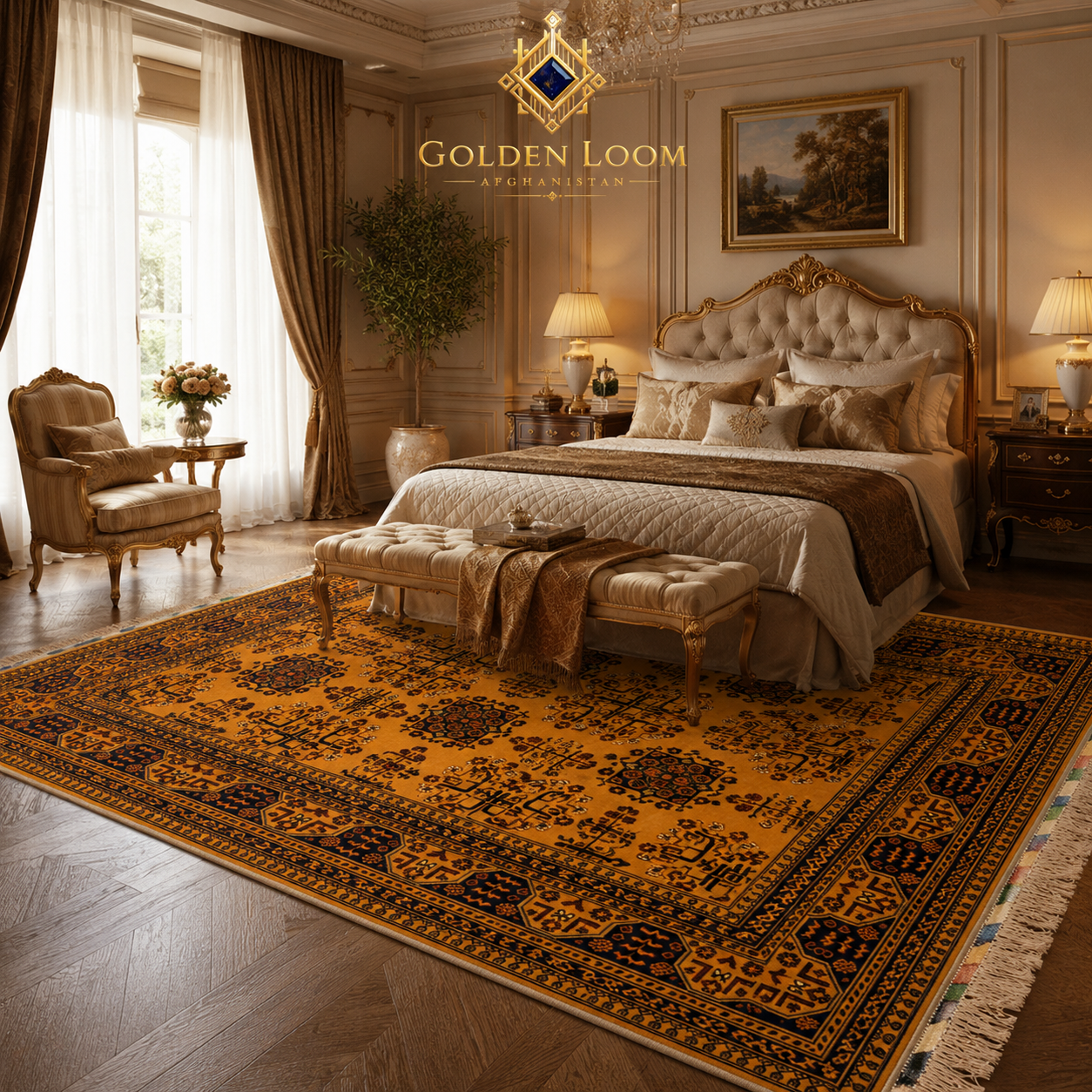Belzhiki Bokhara handwoven Afghan carpet displayed in a luxury bedroom — amber gold field with deep navy geometric border, placed beneath a gold-framed tufted bed in a classical French interior with warm lighting