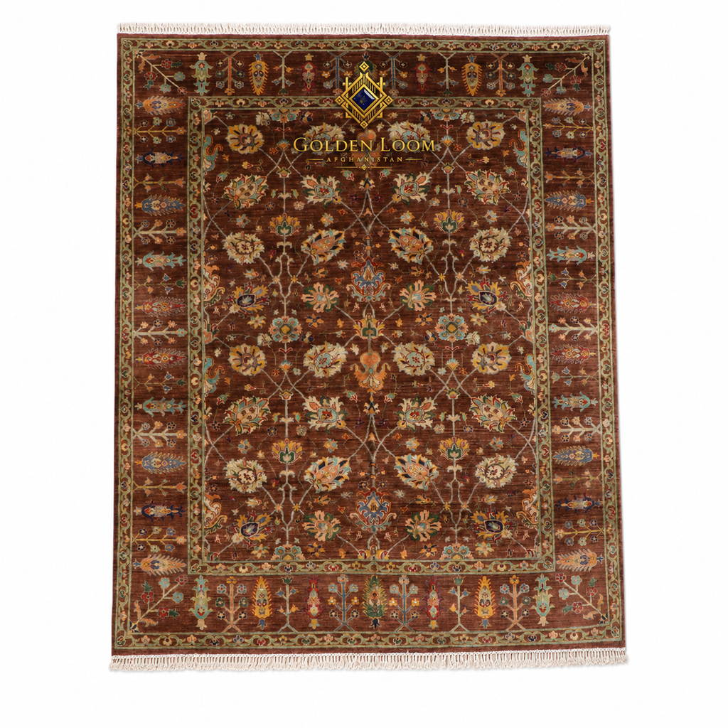 Handmade Afghan Ziegler wool rug with deep brown field, allover floral lattice design, sage green border, and ivory fringe