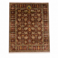 Handmade Afghan Ziegler wool rug with deep brown field, allover floral lattice design, sage green border, and ivory fringe