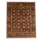 Handmade Afghan Ziegler wool rug with deep brown field, allover floral lattice design, sage green border, and ivory fringe