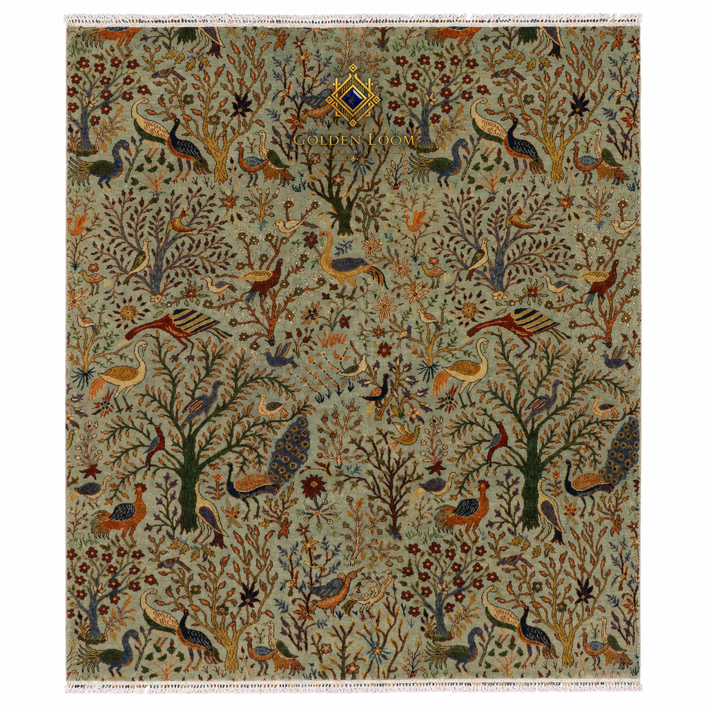 Handmade Afghan bird and tree of life wool rug with sage green field, peacocks, cranes, and multicolor floral branches, ivory fringe