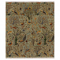 Handmade Afghan bird and tree of life wool rug with sage green field, peacocks, cranes, and multicolor floral branches, ivory fringe