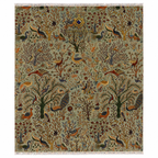 Handmade Afghan bird and tree of life wool rug with sage green field, peacocks, cranes, and multicolor floral branches, ivory fringe