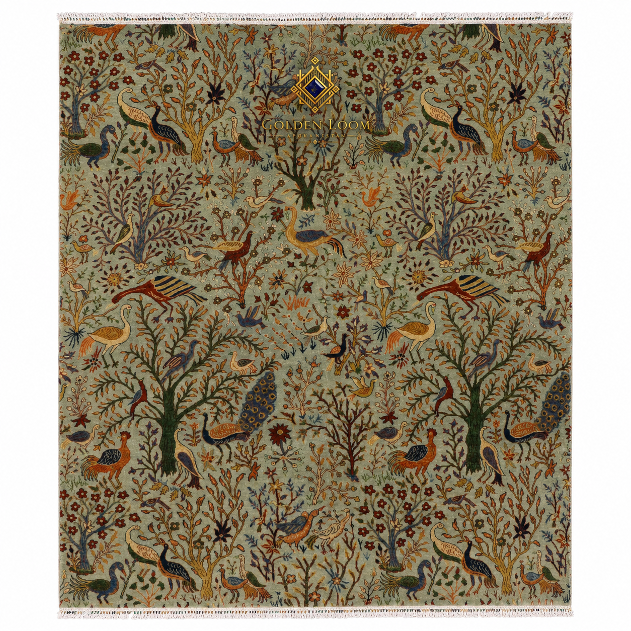 Handmade Afghan bird and tree of life wool rug with sage green field, peacocks, cranes, and multicolor floral branches, ivory fringe