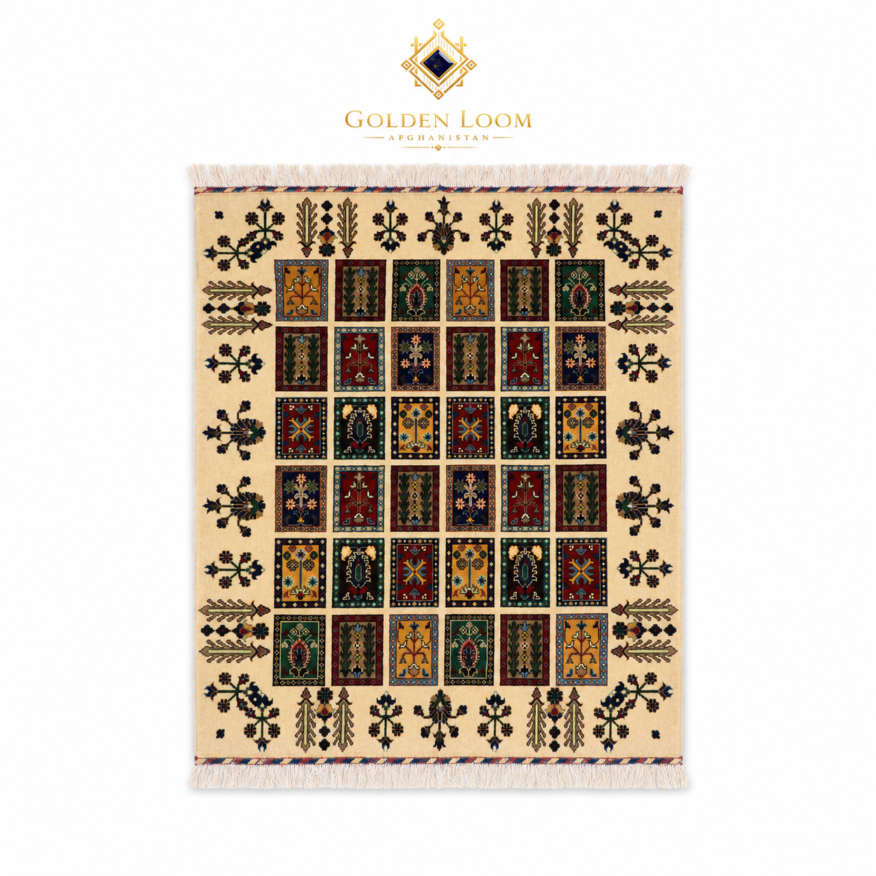 Handmade Afghan garden-design rug with ivory field, multicolored panel medallions in jewel tones, and botanical border motifs with fringe trim