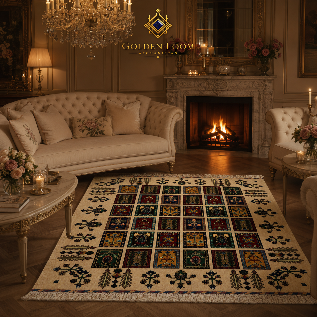 Traditional Afghan garden carpet with ivory field, multicolored panel medallions, and fringe trim placed in an elegant French Rococo living room with lit fireplace and crystal chandelier