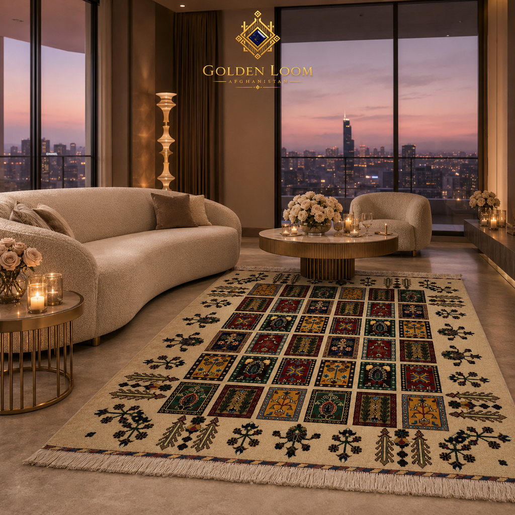 Handmade Afghan garden rug with ivory ground and richly colored panel motifs styled in a contemporary penthouse living room with floor-to-ceiling city skyline views at dusk