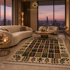 Handmade Afghan garden rug with ivory ground and richly colored panel motifs styled in a contemporary penthouse living room with floor-to-ceiling city skyline views at dusk
