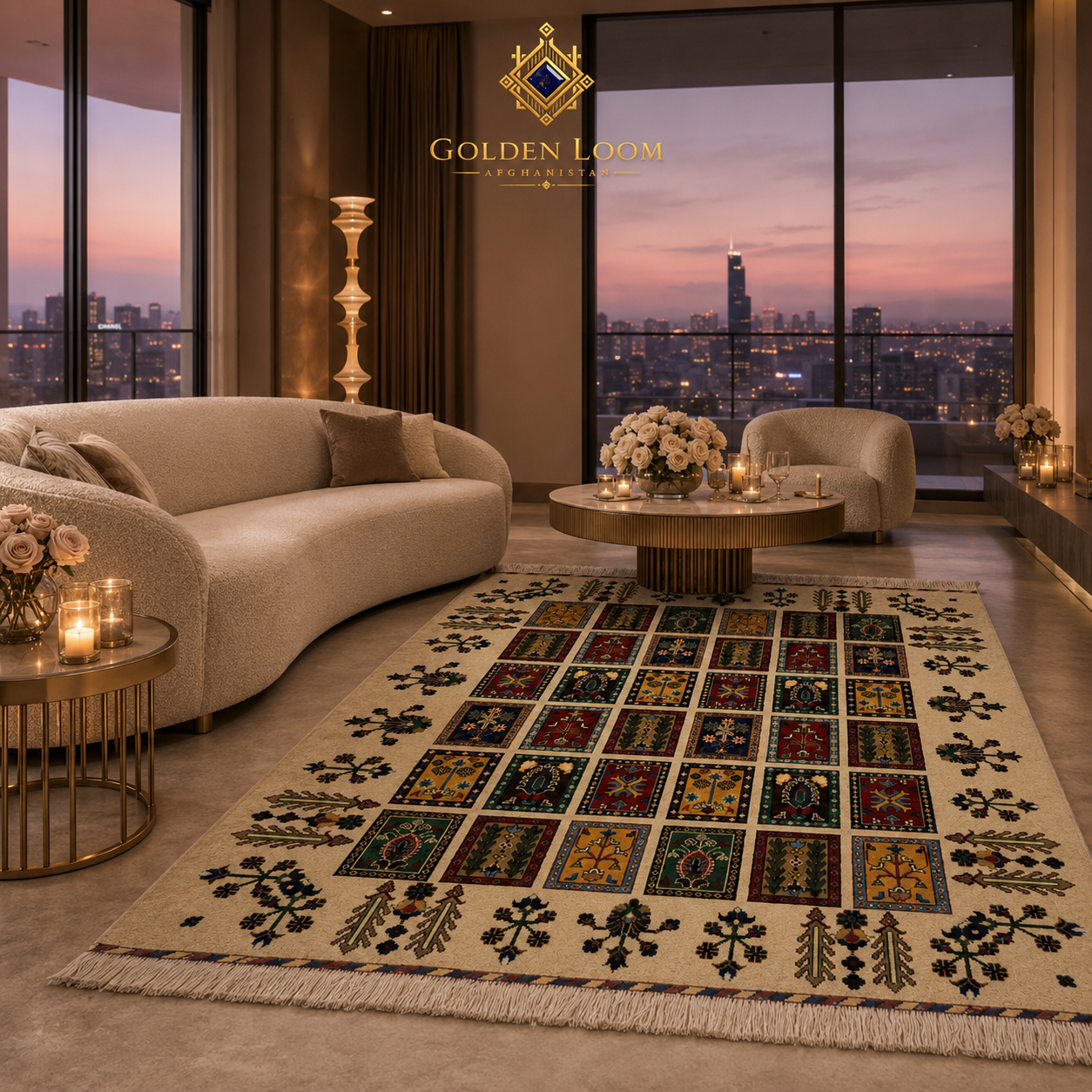 Handmade Afghan garden rug with ivory ground and richly colored panel motifs styled in a contemporary penthouse living room with floor-to-ceiling city skyline views at dusk