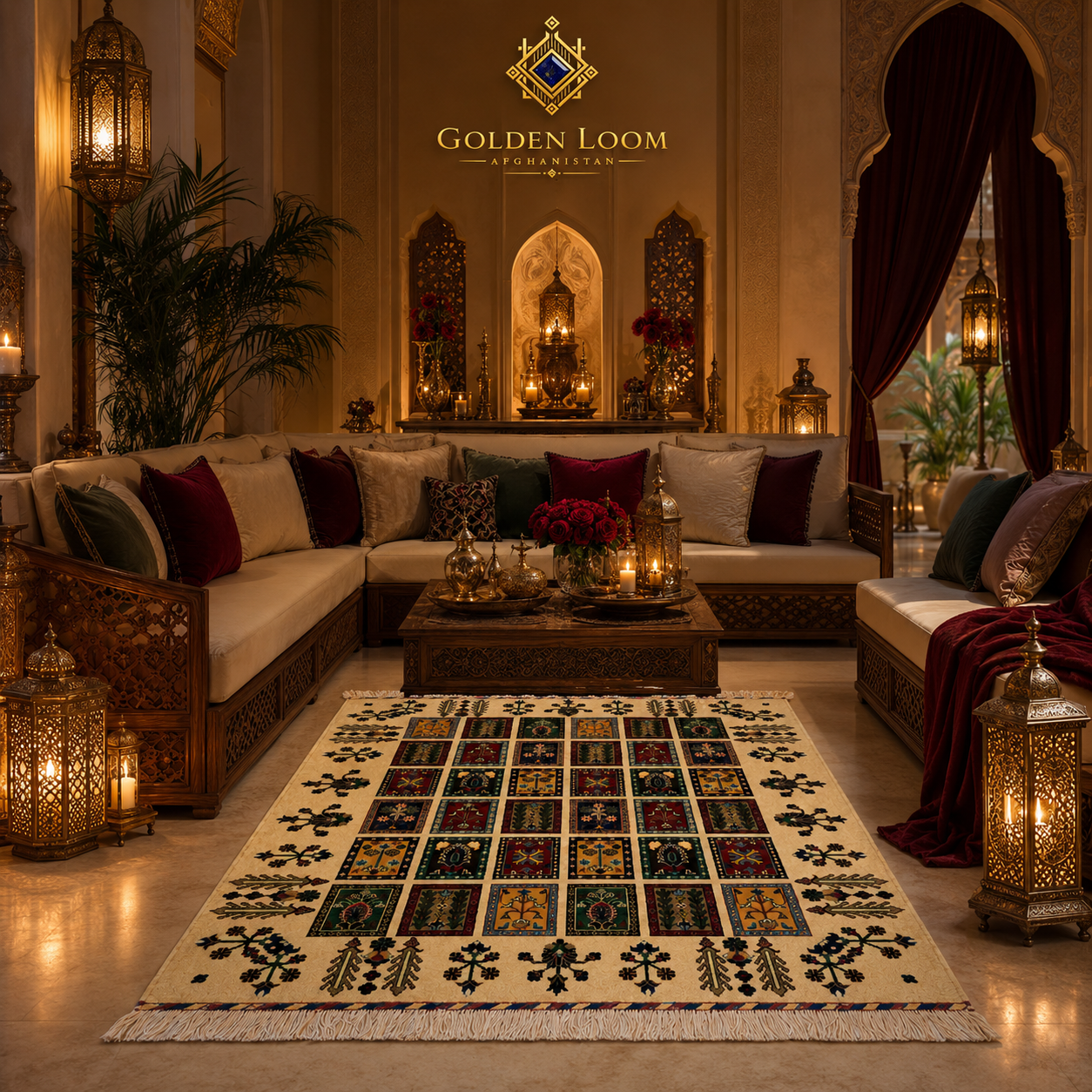 Afghan handwoven garden-design rug with multicolored botanical panel grid and ivory border displayed in a candlelit Arabian majlis with ornate lanterns and arched doorways