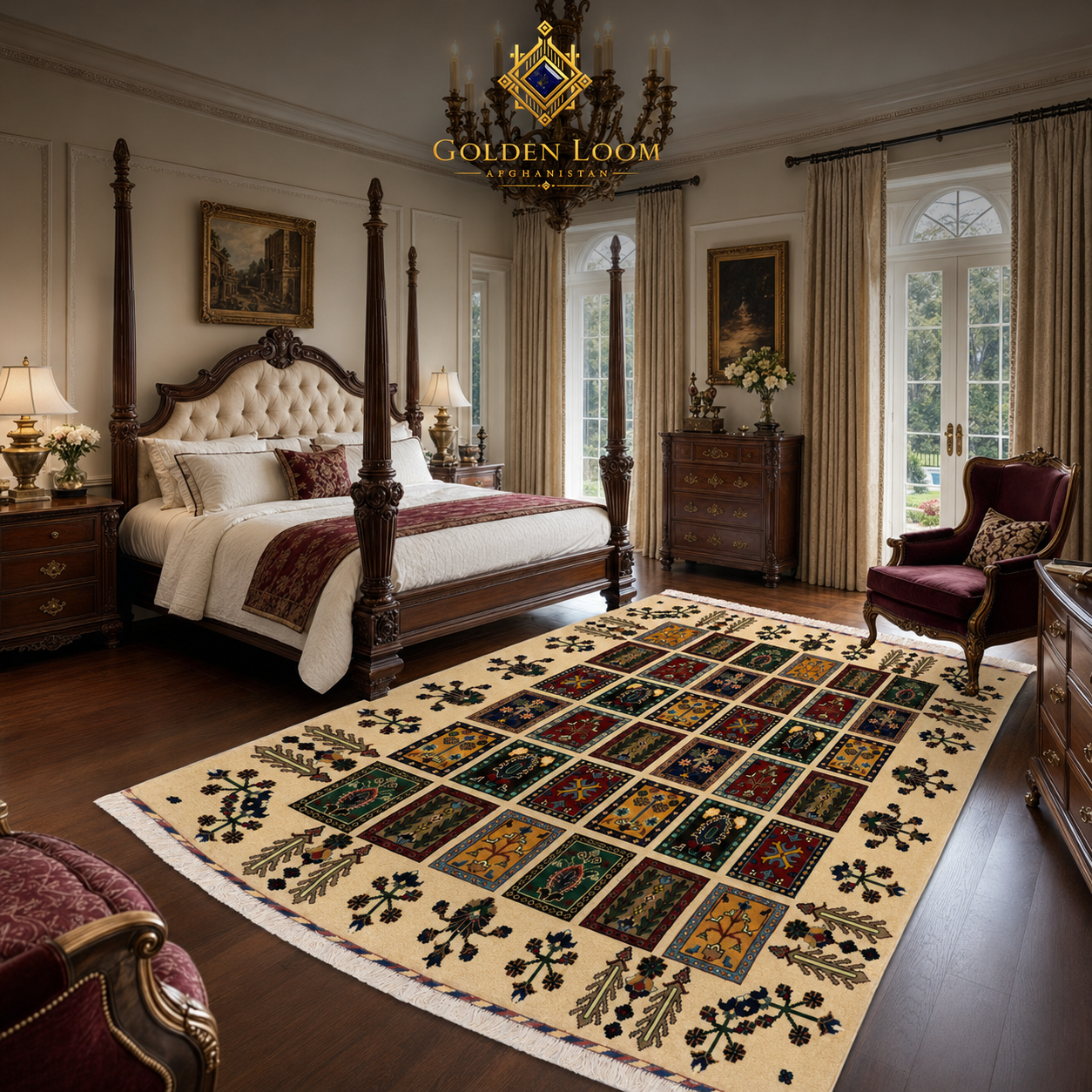 Handmade Afghan garden rug with ivory field and jewel-toned panel medallions styled beneath a carved four-poster bed in a classic American Colonial bedroom