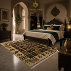 Handcrafted Afghan garden rug with ivory field and richly colored panel medallions placed beside a carved wooden bed in a Moroccan-inspired luxury bedroom