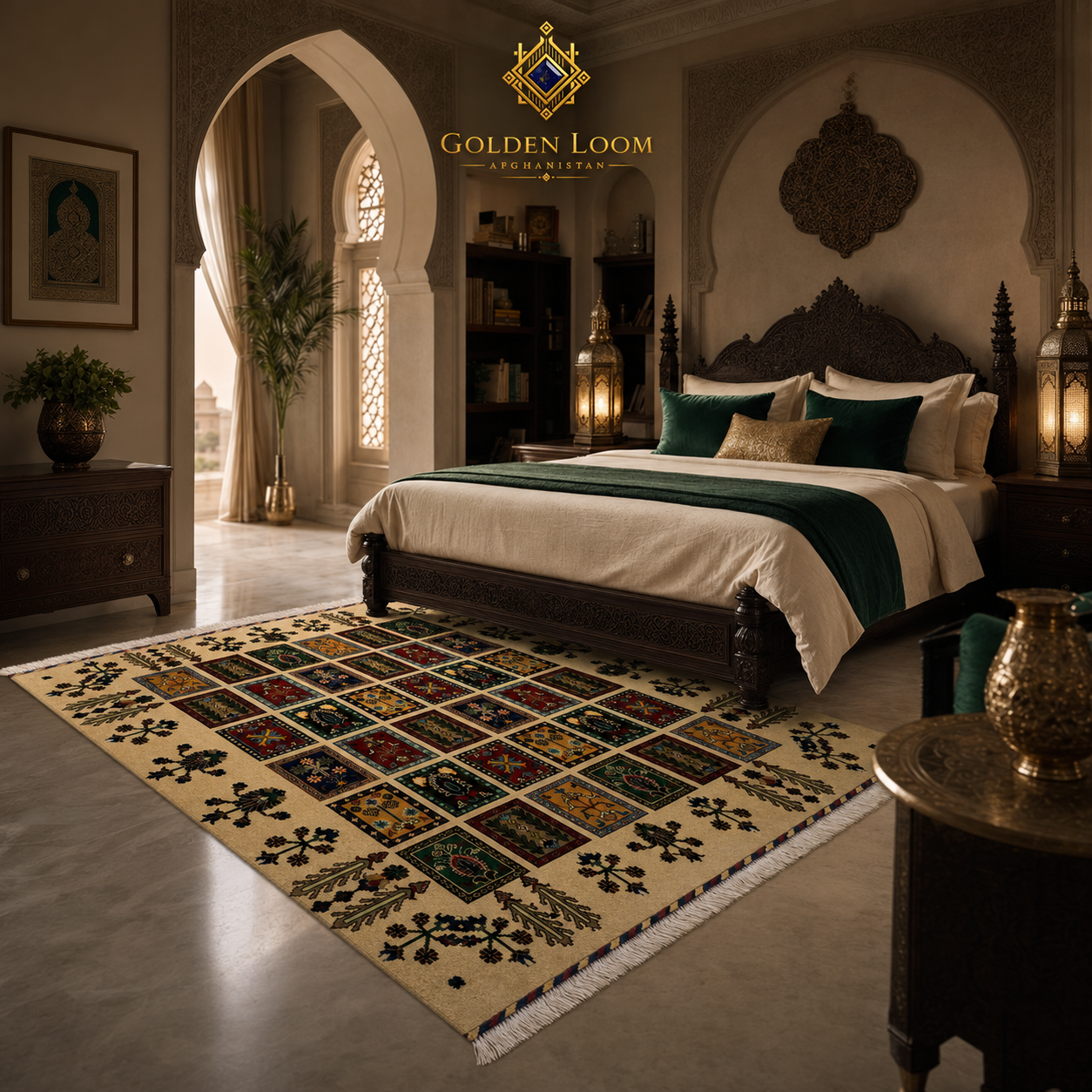 Handcrafted Afghan garden rug with ivory field and richly colored panel medallions placed beside a carved wooden bed in a Moroccan-inspired luxury bedroom