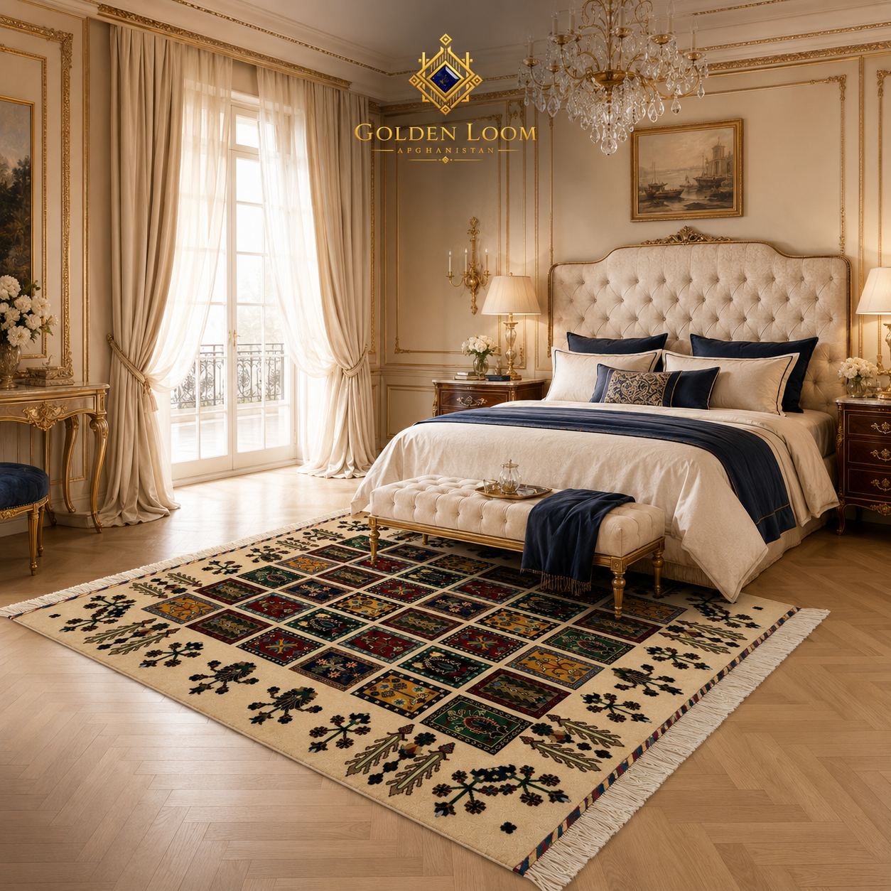Golden Loom Afghanistan handmade garden-design wool rug with multicolored panel motifs and fringe, styled in an opulent French Baroque bedroom with crystal chandelier