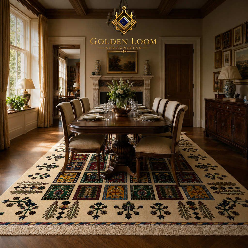 Traditional Afghan handwoven garden rug with jewel-toned panel grid and ivory border, styled in a classic English manor dining room with fireplace