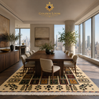 Golden Loom Afghanistan handmade garden rug in ivory with colorful panel medallions styled under a large dining table in a contemporary high-rise dining room
