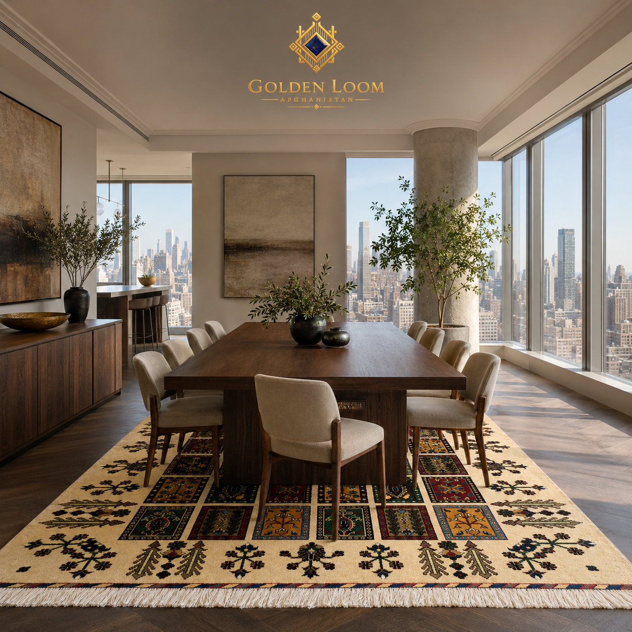 Golden Loom Afghanistan handmade garden rug in ivory with colorful panel medallions styled under a large dining table in a contemporary high-rise dining room