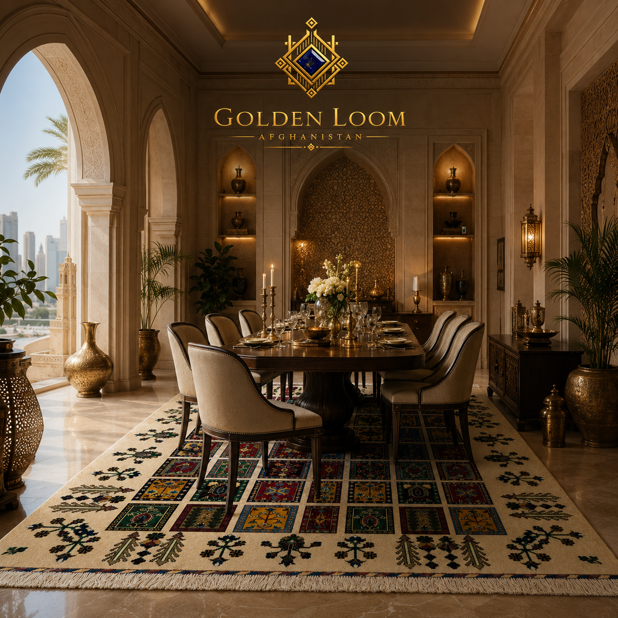 Authentic Afghan garden carpet with ivory ground and multicolored botanical panels displayed in an ornate Arabian-style formal dining room with arched doorways