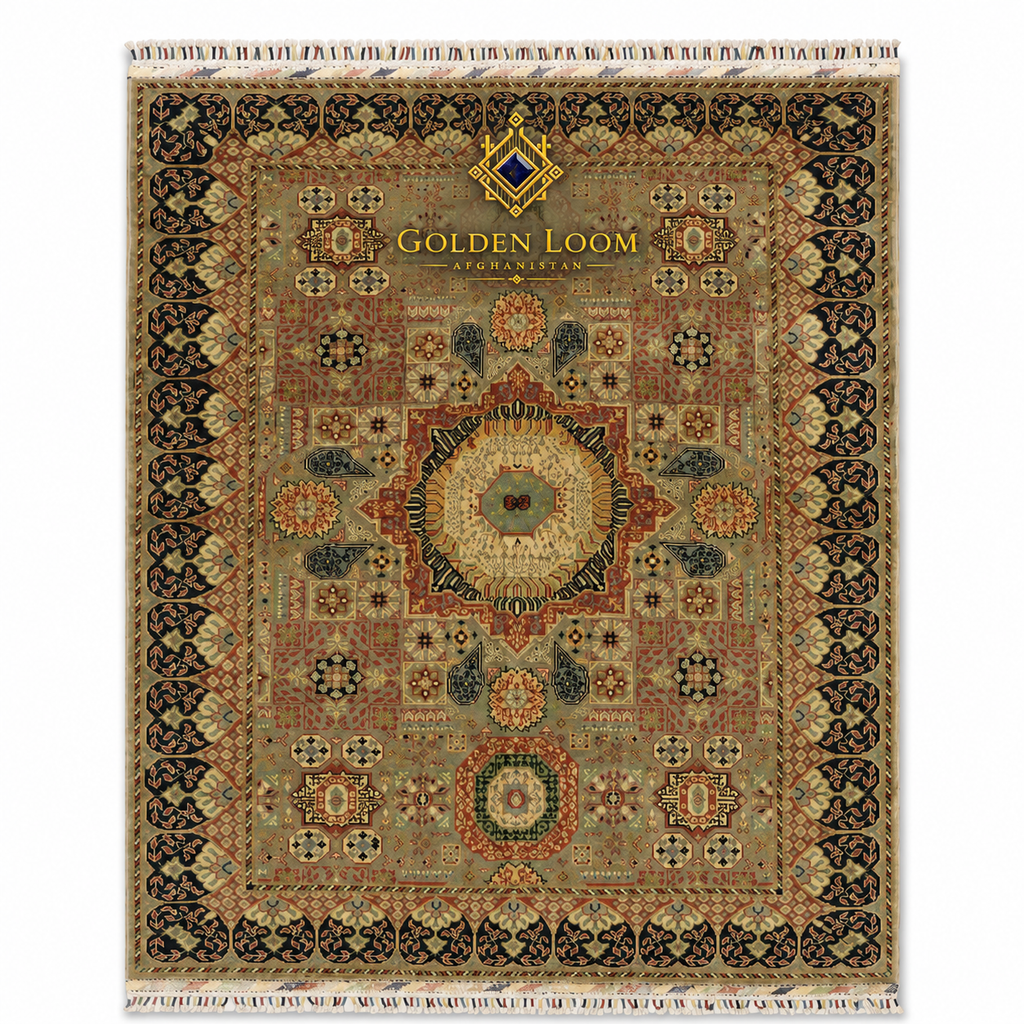 Handmade Afghan Mamluk carpet with intricate geometric medallion pattern in sage green, terracotta, and black — Golden Loom Afghanistan