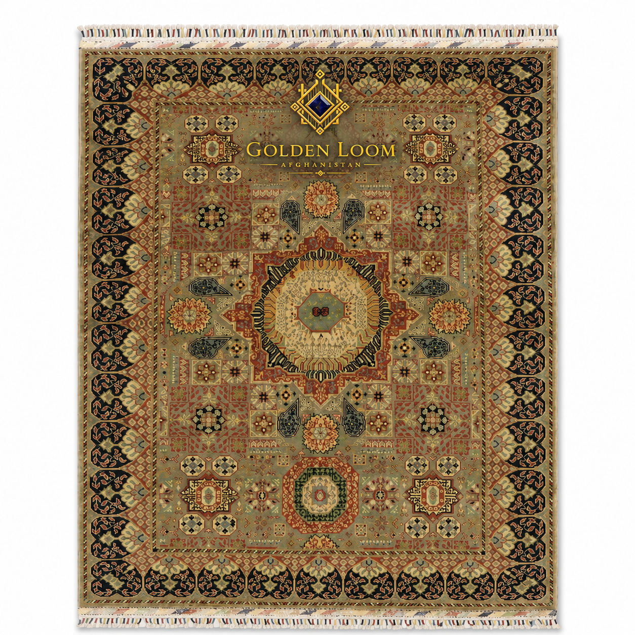Handmade Afghan Mamluk carpet with intricate geometric medallion pattern in sage green, terracotta, and black — Golden Loom Afghanistan