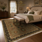 Handmade Afghan area rug with floral medallion design styled in a classic English country bedroom with dark wood furniture — Golden Loom Afghanistan