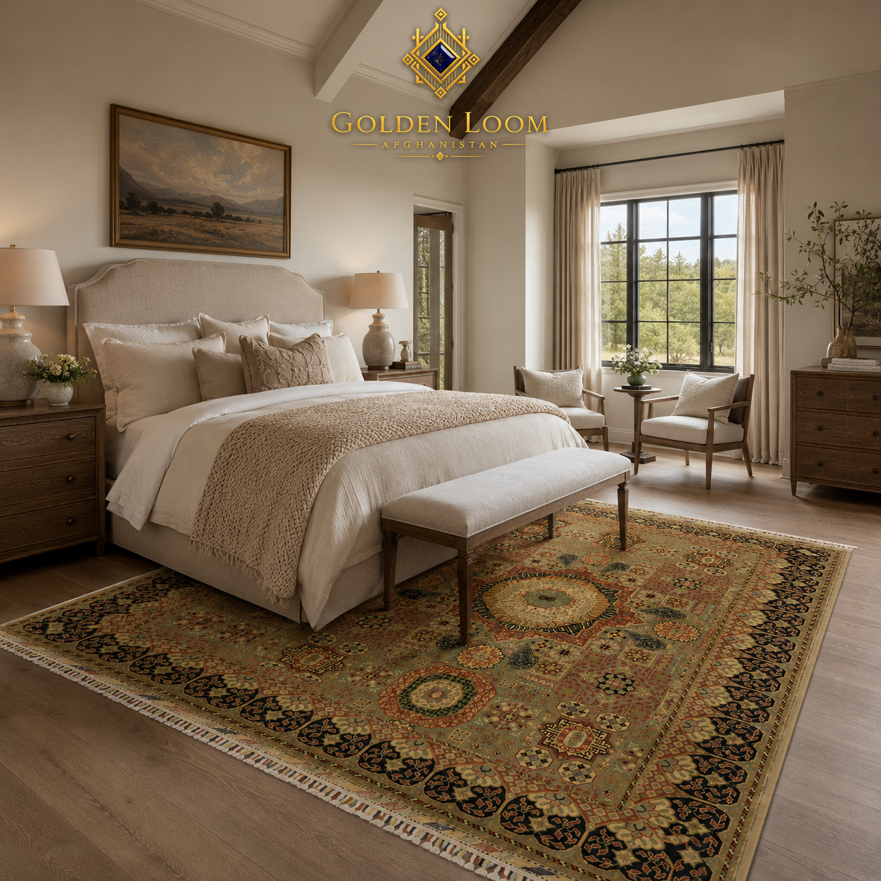 Authentic Afghan handmade rug with sage green field and black border styled in a bright modern farmhouse master bedroom — Golden Loom Afghanistan
