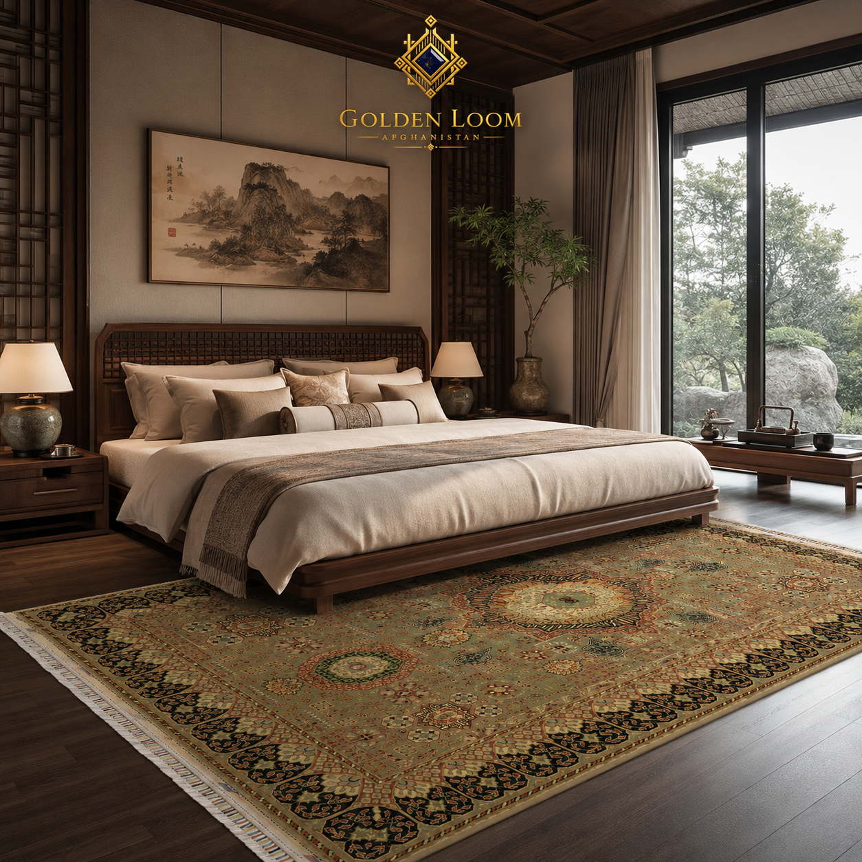 Traditional Afghan handwoven carpet with circular medallion motifs in an Asian-inspired luxury bedroom with dark wood and bamboo accents — Golden Loom Afghanistan