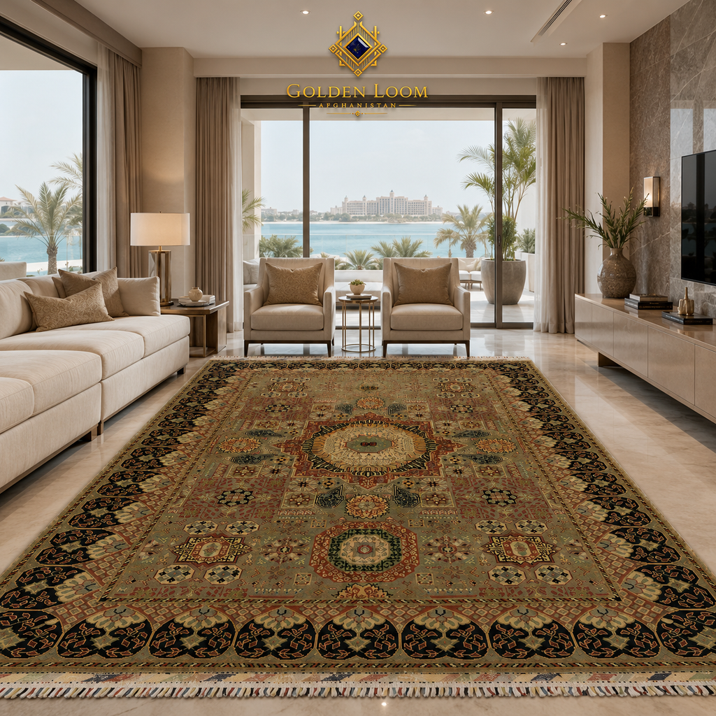  Large handmade Afghan Mamluk rug with full medallion layout in a contemporary Dubai waterfront luxury living room — Golden Loom Afghanistan
