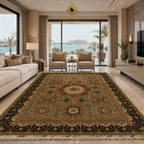  Large handmade Afghan Mamluk rug with full medallion layout in a contemporary Dubai waterfront luxury living room — Golden Loom Afghanistan
