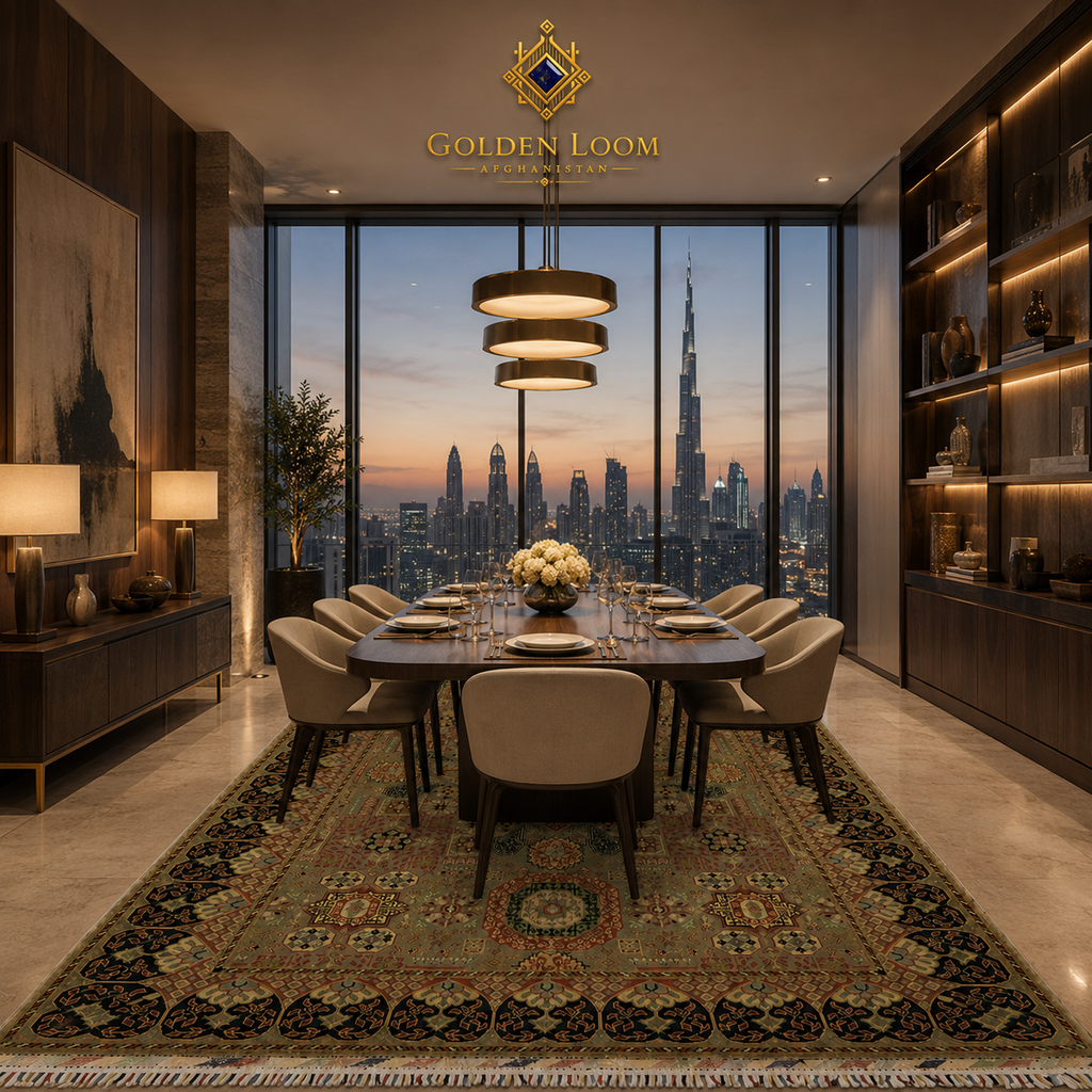 Hand-knotted Afghan carpet with geometric border and medallion center styled under a formal dining table with Burj Khalifa skyline view — Golden Loom Afghanistan
