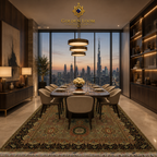 Hand-knotted Afghan carpet with geometric border and medallion center styled under a formal dining table with Burj Khalifa skyline view — Golden Loom Afghanistan