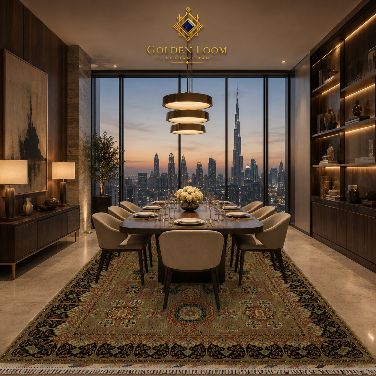 Hand-knotted Afghan carpet with geometric border and medallion center styled under a formal dining table with Burj Khalifa skyline view — Golden Loom Afghanistan