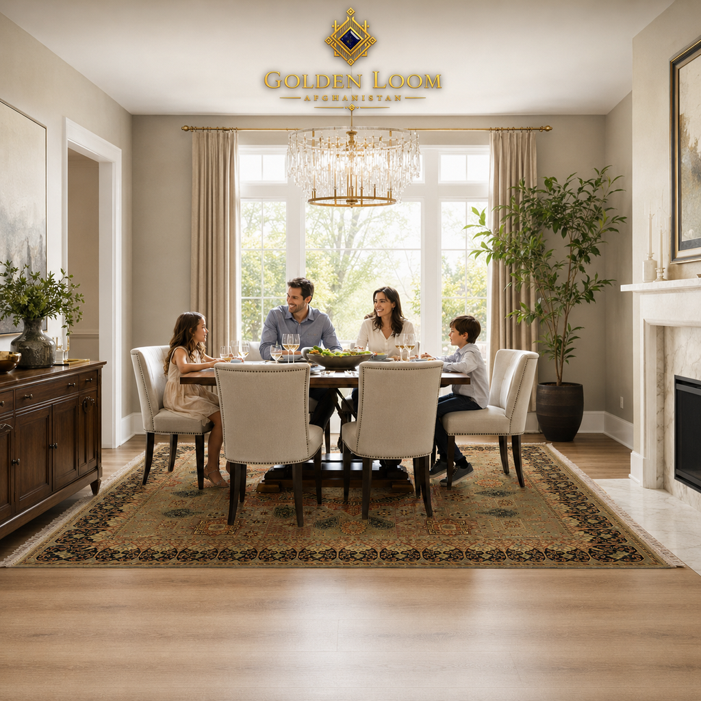 Handmade Afghan area rug with dark floral border styled under a family dining table in a bright transitional American dining room — Golden Loom Afghanistan