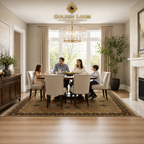 Handmade Afghan area rug with dark floral border styled under a family dining table in a bright transitional American dining room — Golden Loom Afghanistan