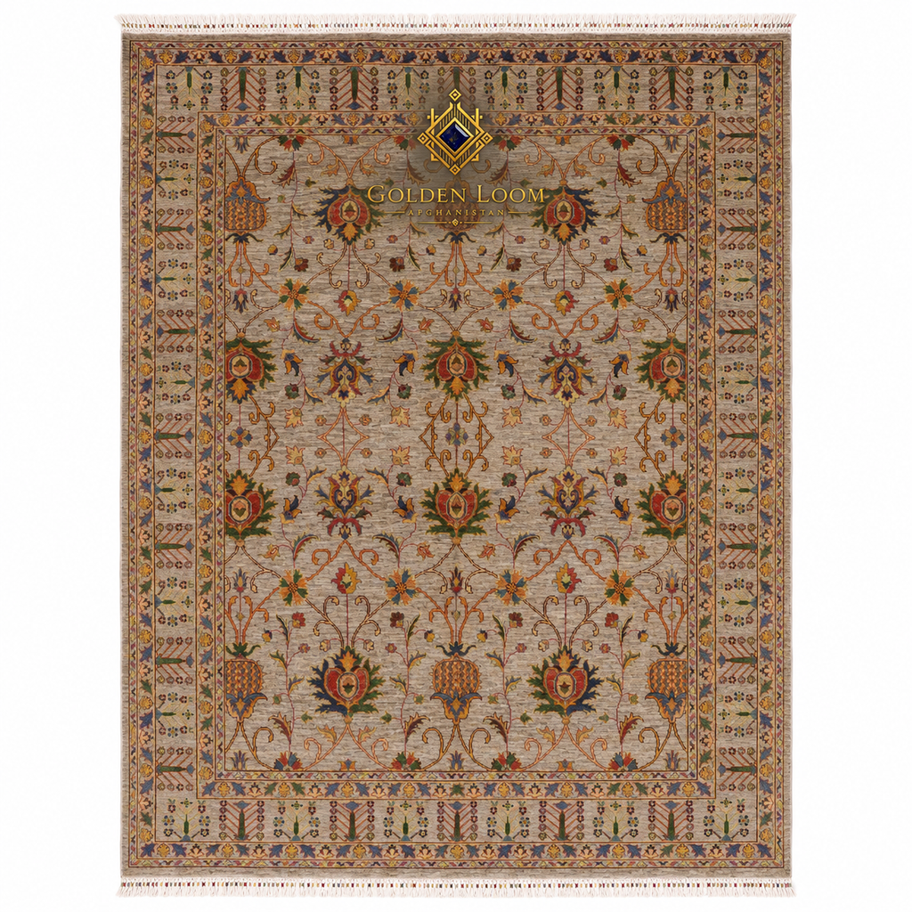 Handmade Afghan Ziegler carpet in ivory and beige with multicolor floral and vine motifs, traditional border, and fringe — Golden Loom Afghanistan