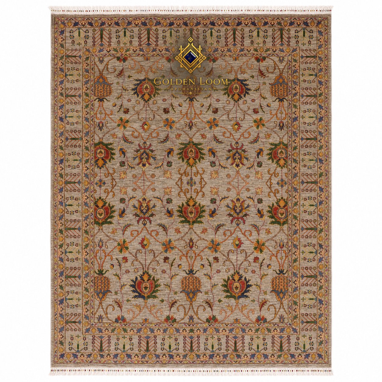 Handmade Afghan Ziegler carpet in ivory and beige with multicolor floral and vine motifs, traditional border, and fringe — Golden Loom Afghanistan