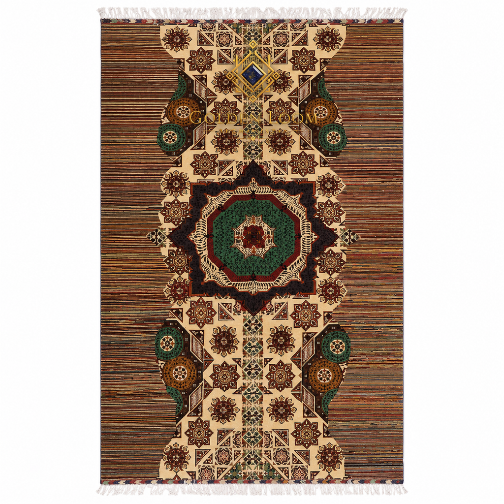Handwoven Afghan Kilim rug with geometric star medallion pattern in ivory, dark brown, and emerald green with multicolor striped border and white fringe