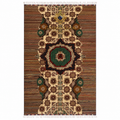 Handwoven Afghan Kilim rug with geometric star medallion pattern in ivory, dark brown, and emerald green with multicolor striped border and white fringe